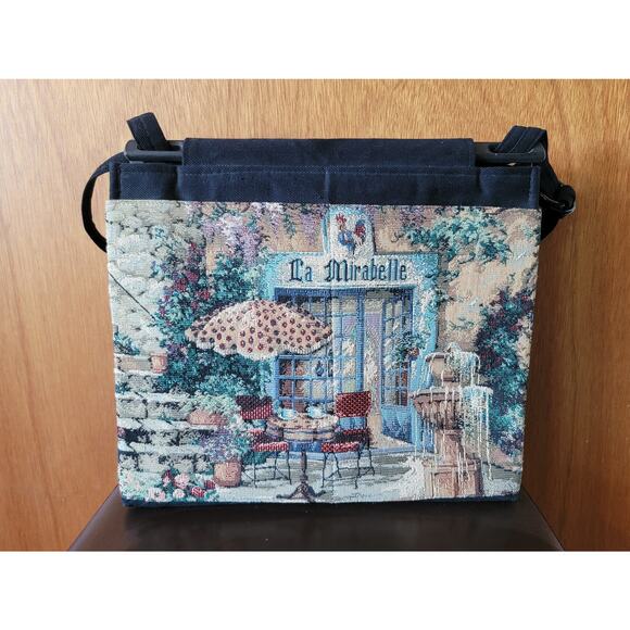 Vintage 70s Toby Weston Tapestry Adjustable Knit Bag "La Mirabelle" Cafe Scene - Picture 1 of 5